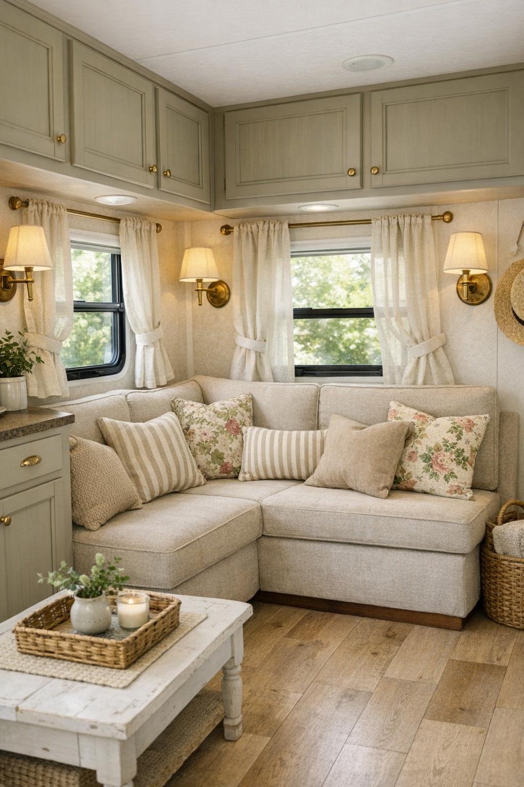 Warm RV living room with built-in linen bench seating and pale wood floors