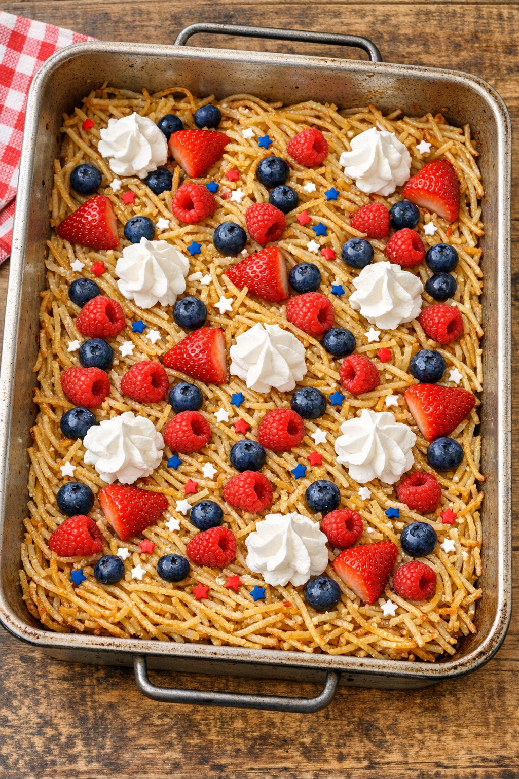 Finished baked sweet spaghetti dessert in a roasting pan