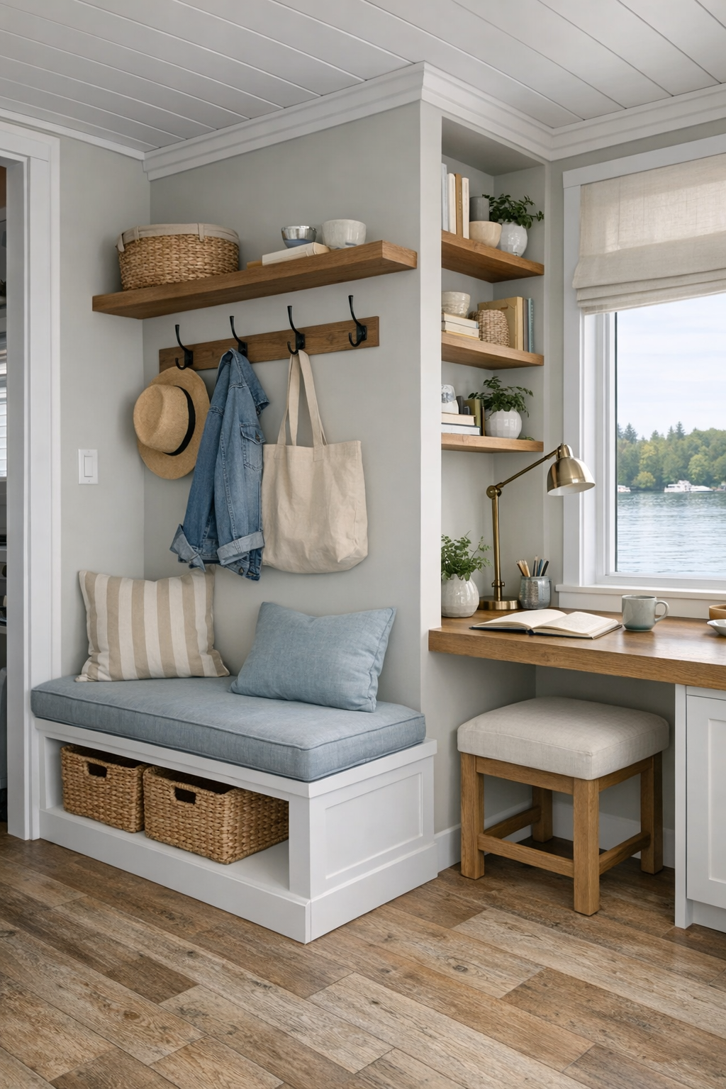 Built-in entry and work nook with bench seating, storage, and a window-side desk