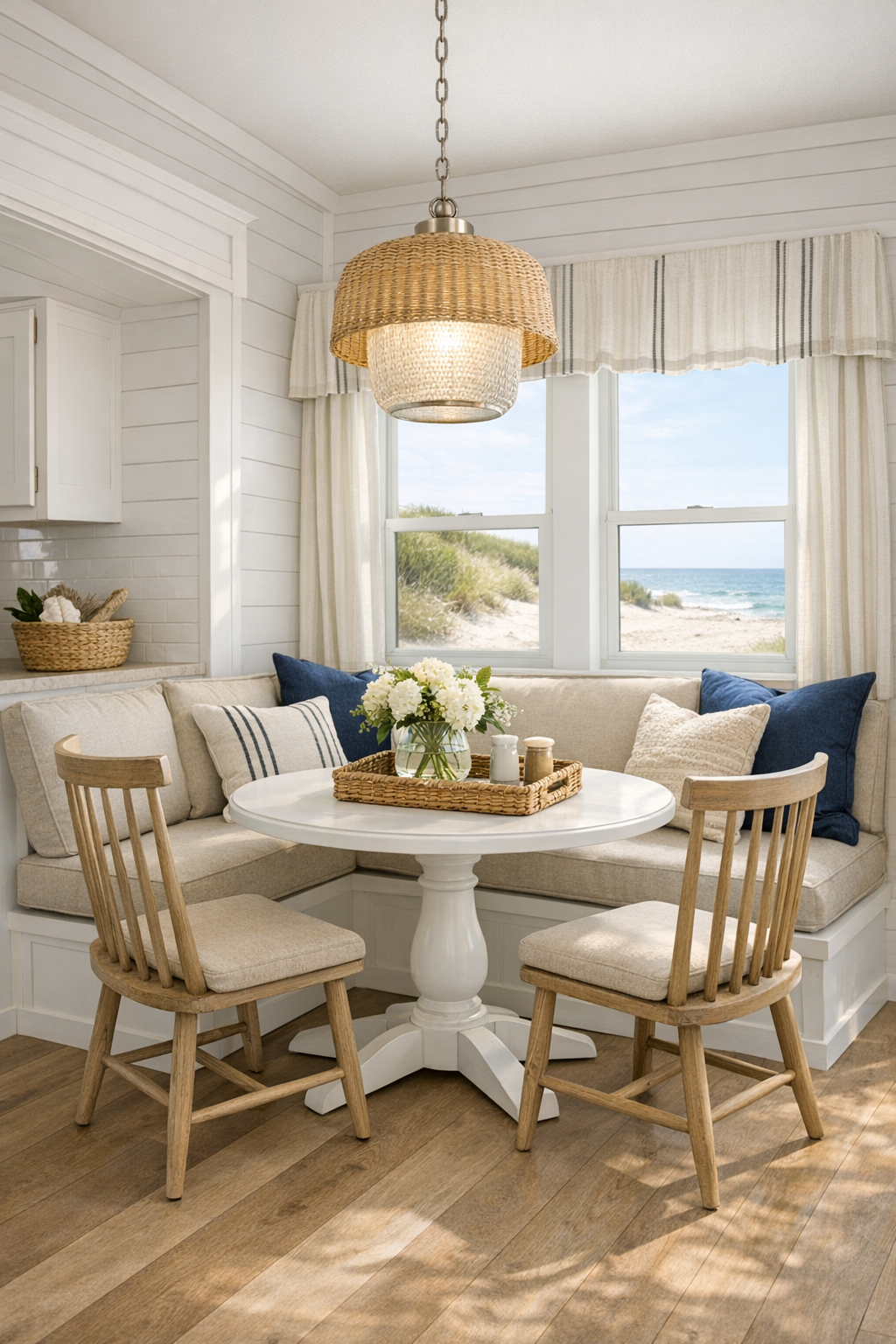 Coastal dining nook with built-in banquette and white pedestal table