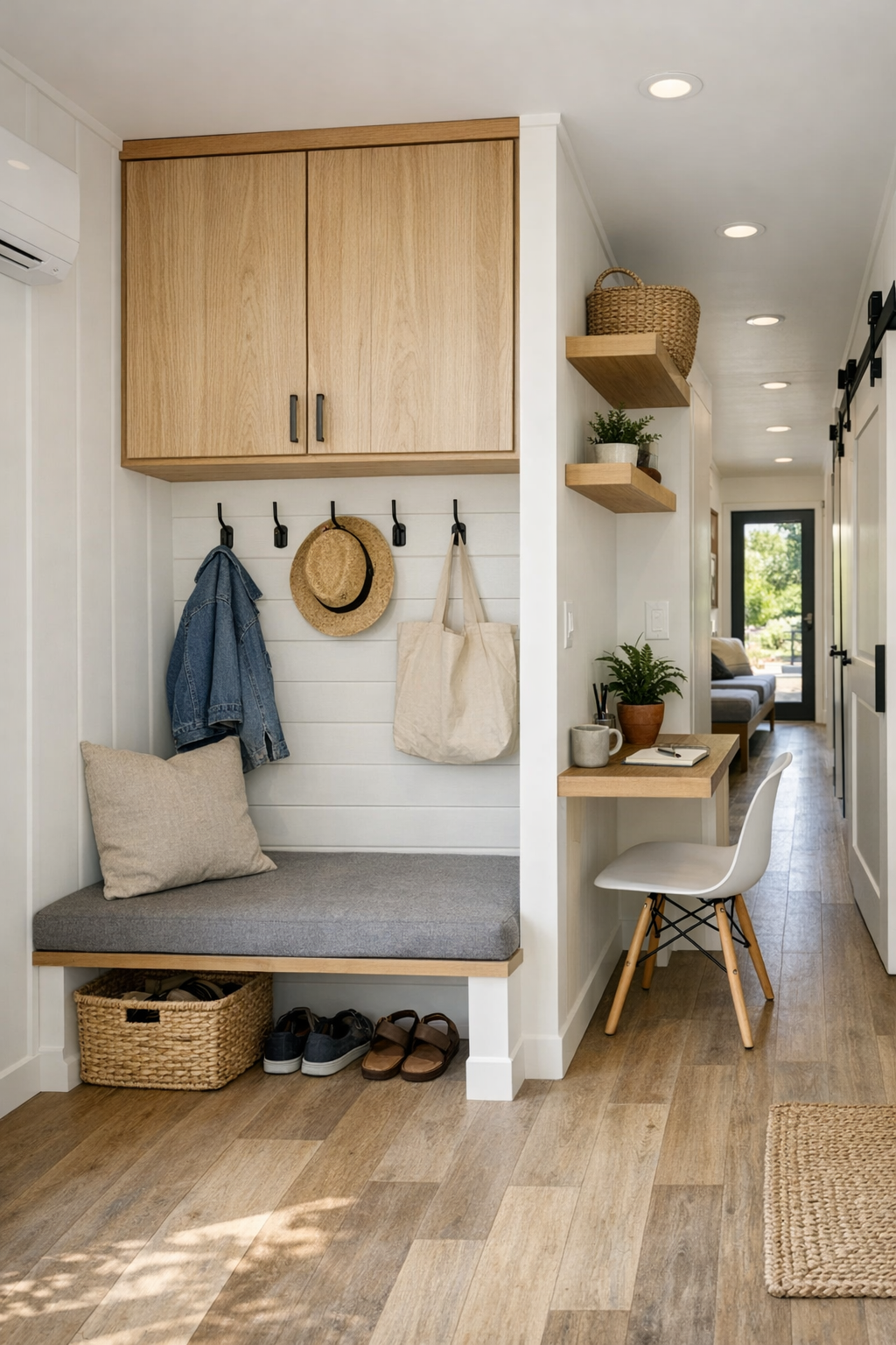 Functional entry and flexible hallway nook with built-in bench, wood storage, and clean modern finishes