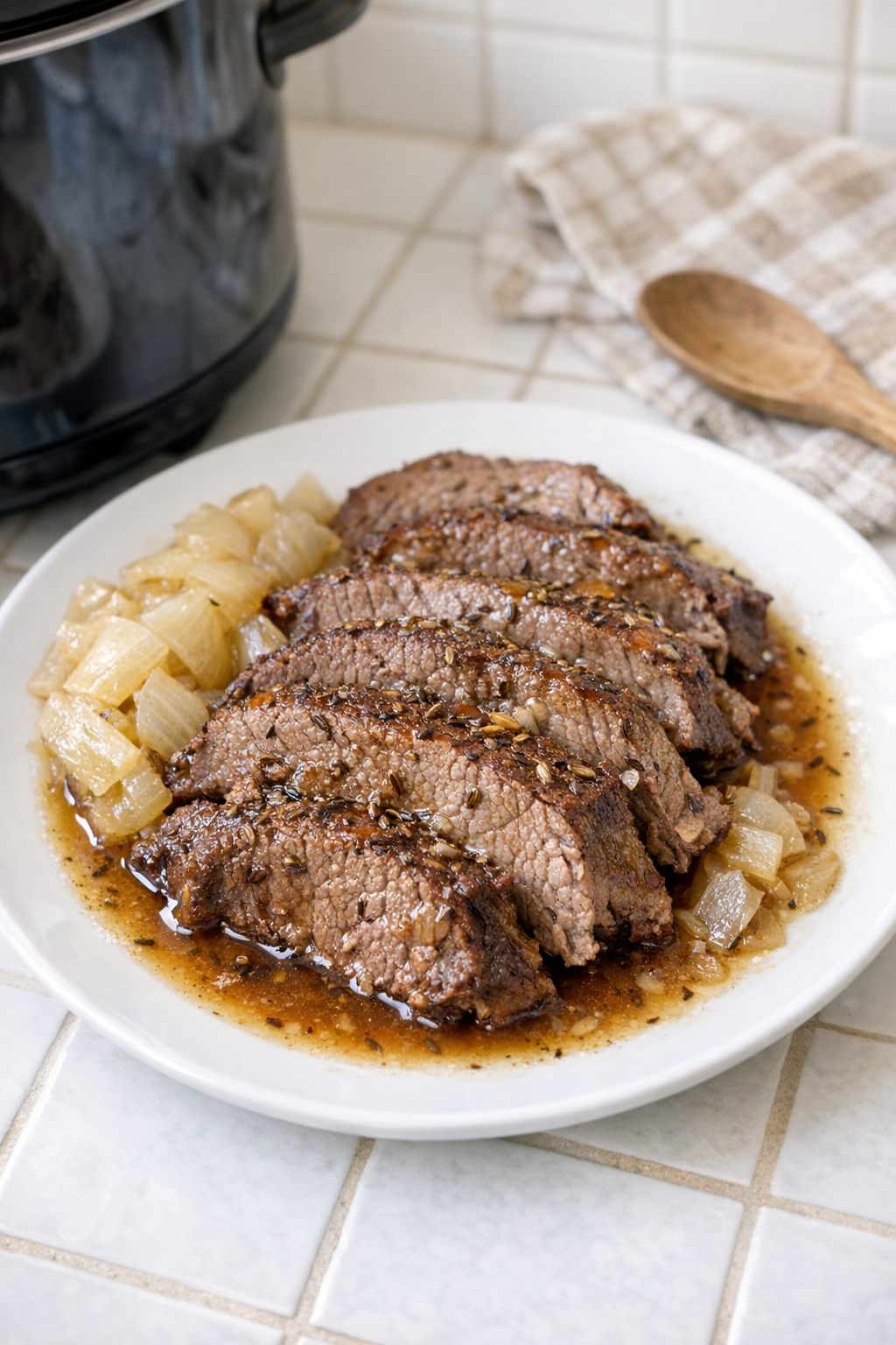 Finished Amish-style caraway beef roast sliced and plated with juices