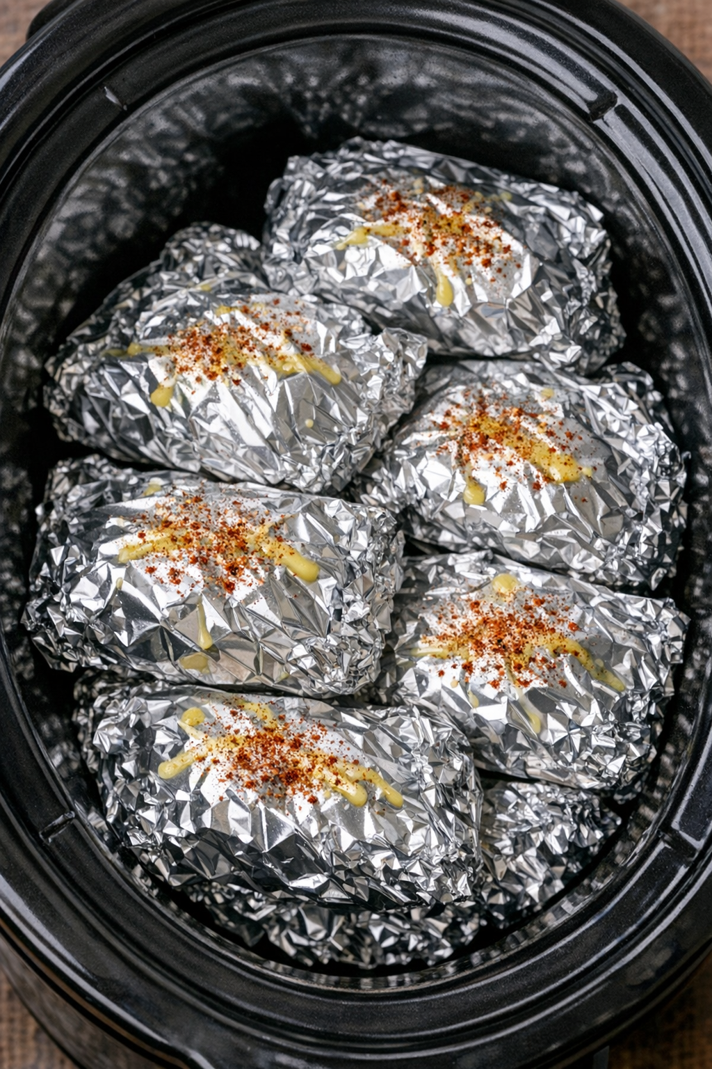 Slow cooker foil pasta packets stacked inside a black slow cooker