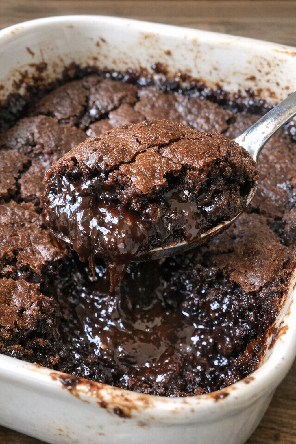 Gooey chocolate dessert in a casserole dish