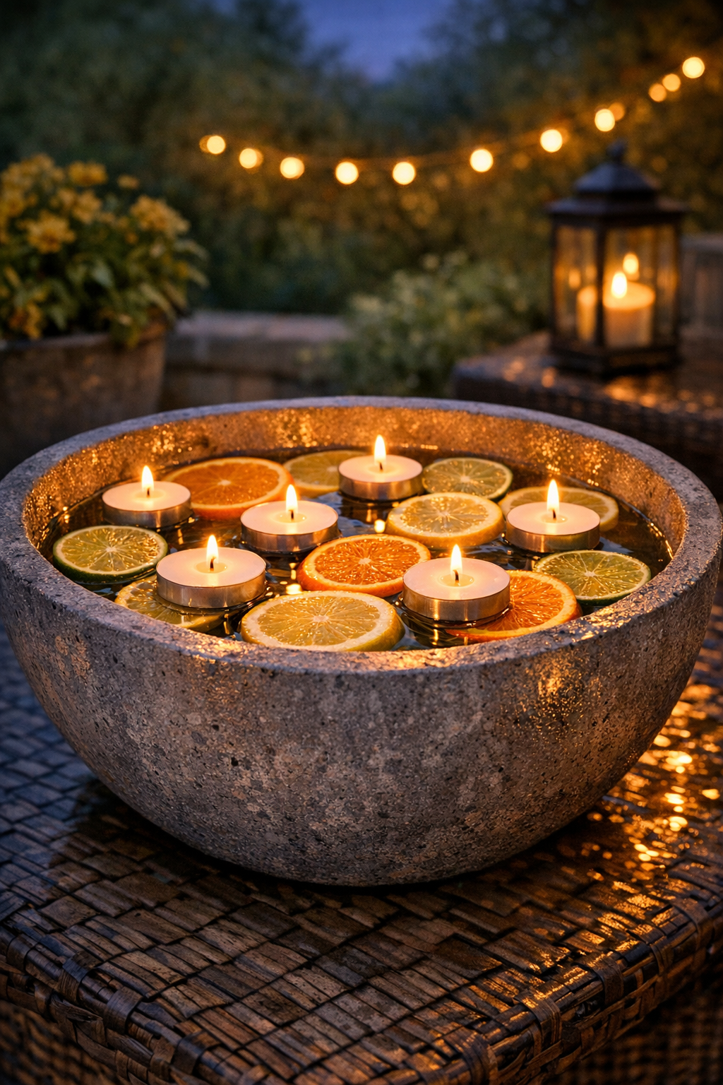 Finished floating candle bowl with citrus slices and tea lights