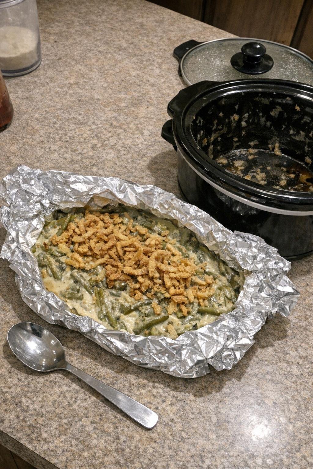 Green bean casserole packets with fried onions added at the end