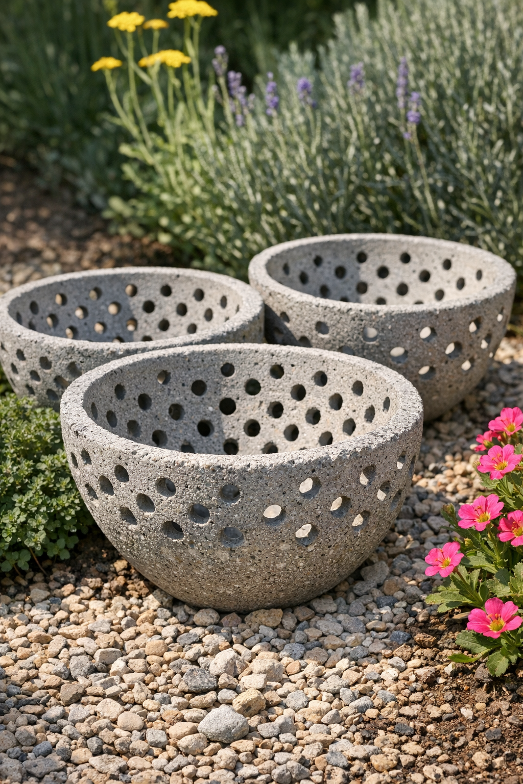Three finished perforated cement yard forms displayed in a garden bed