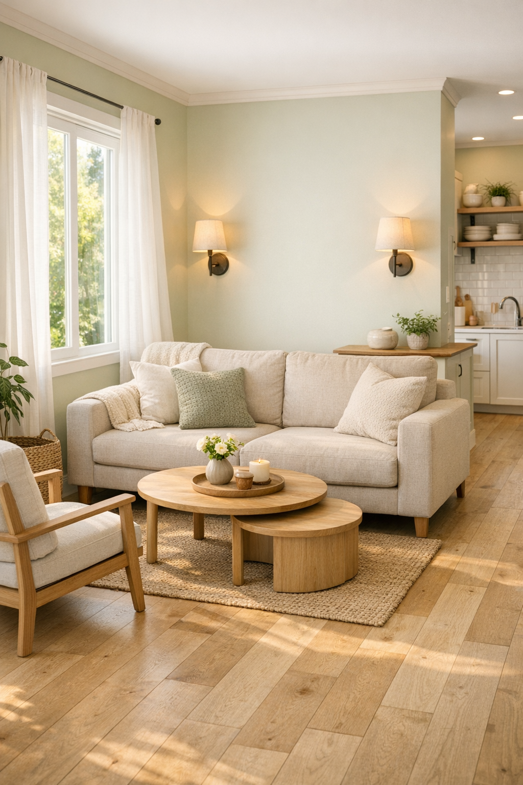 Accessible tiny home living room with honeydew accents and warm wood details