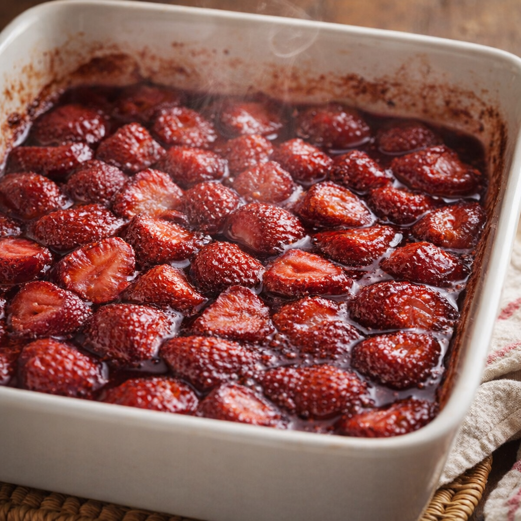 Freshly baked strawberries bubbling in red syrup