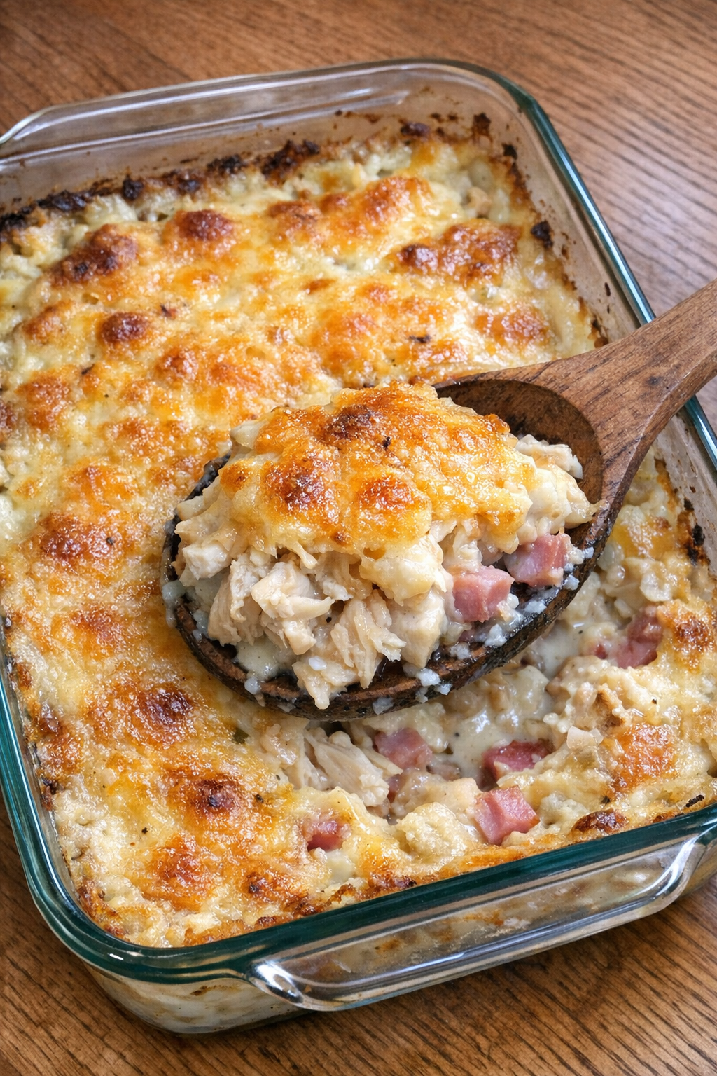 Creamy chicken casserole with golden cheese crust in a rectangular Pyrex dish