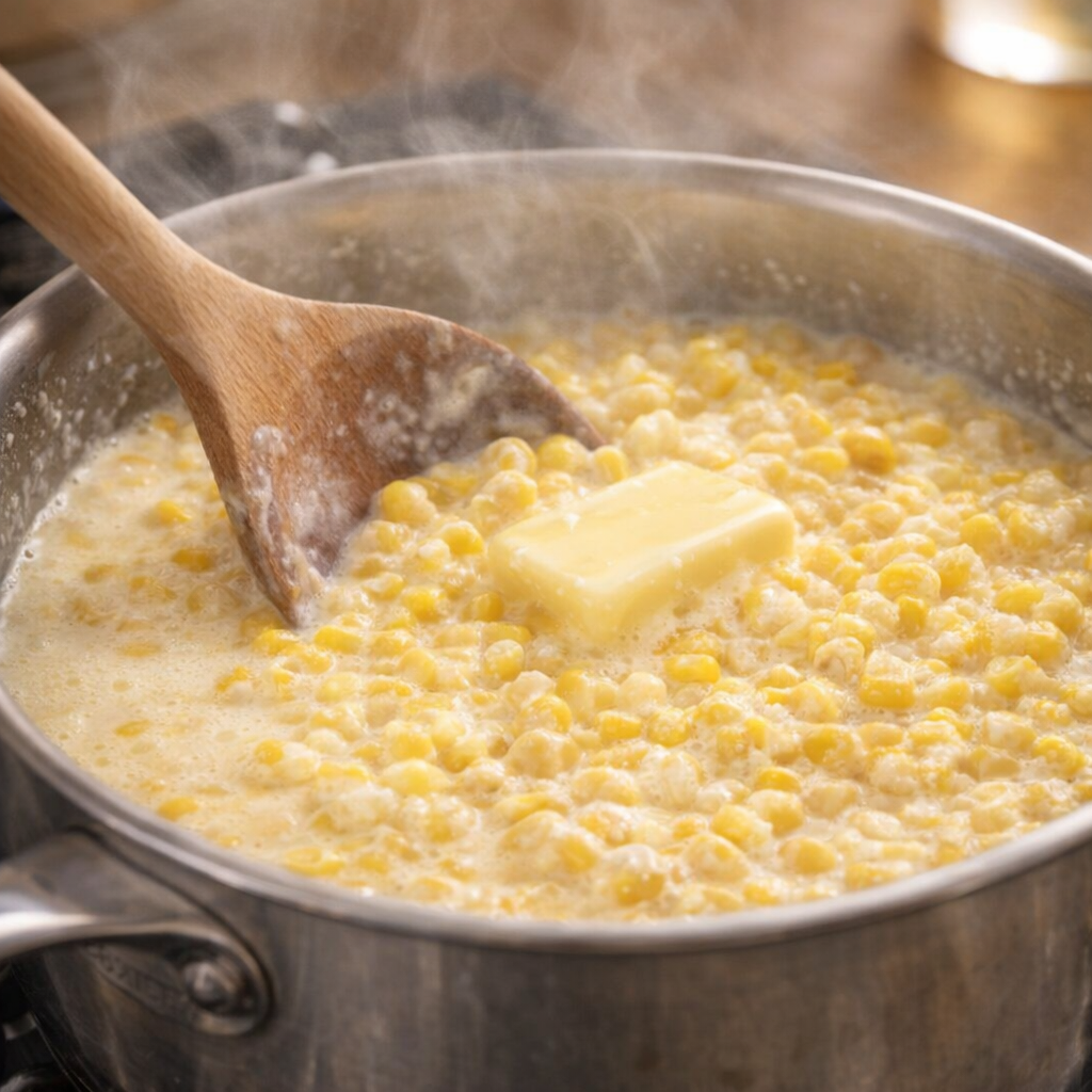 Corn and cream being stirred in a saucepan on the stove