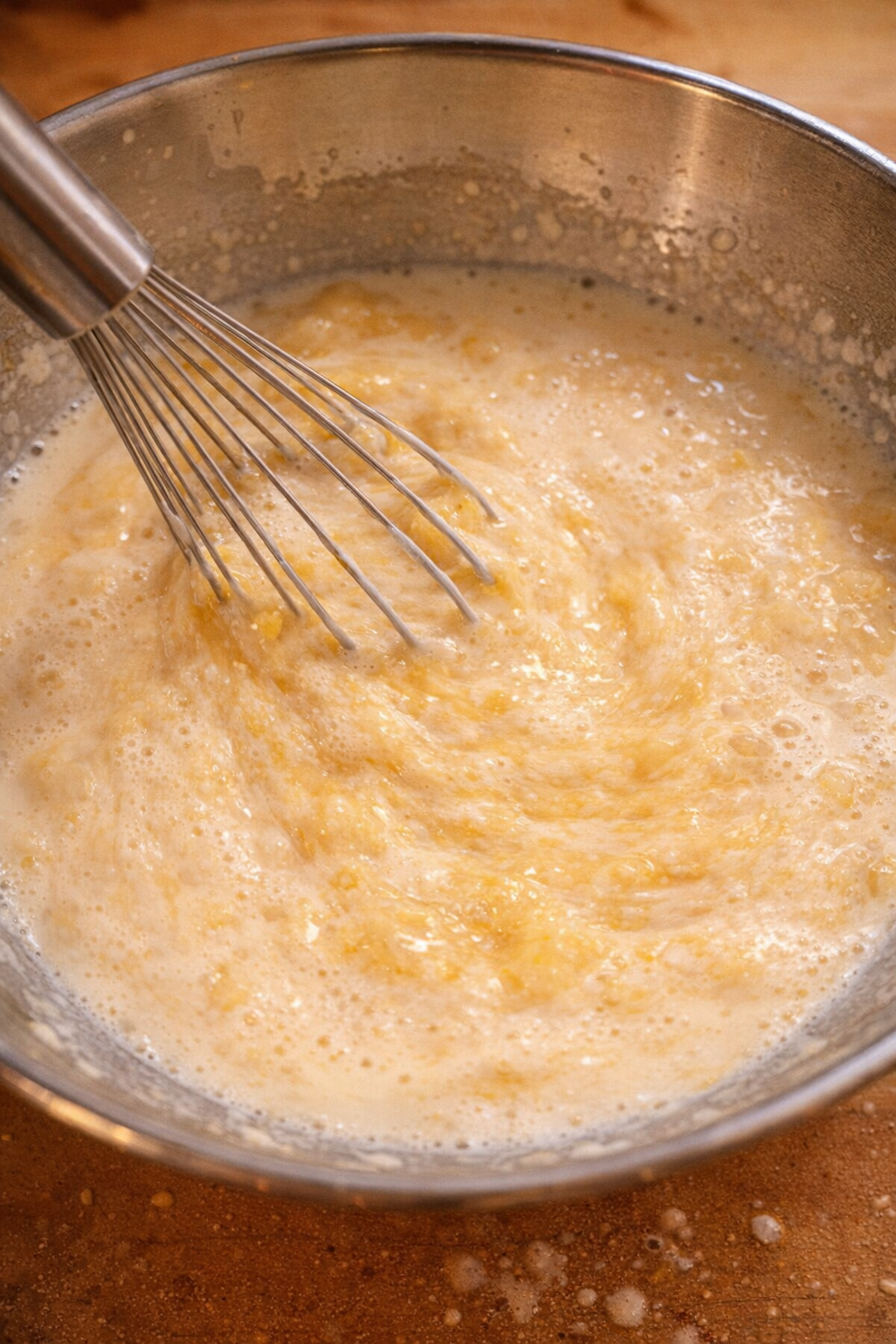 Creamy soup and milk mixture being whisked
