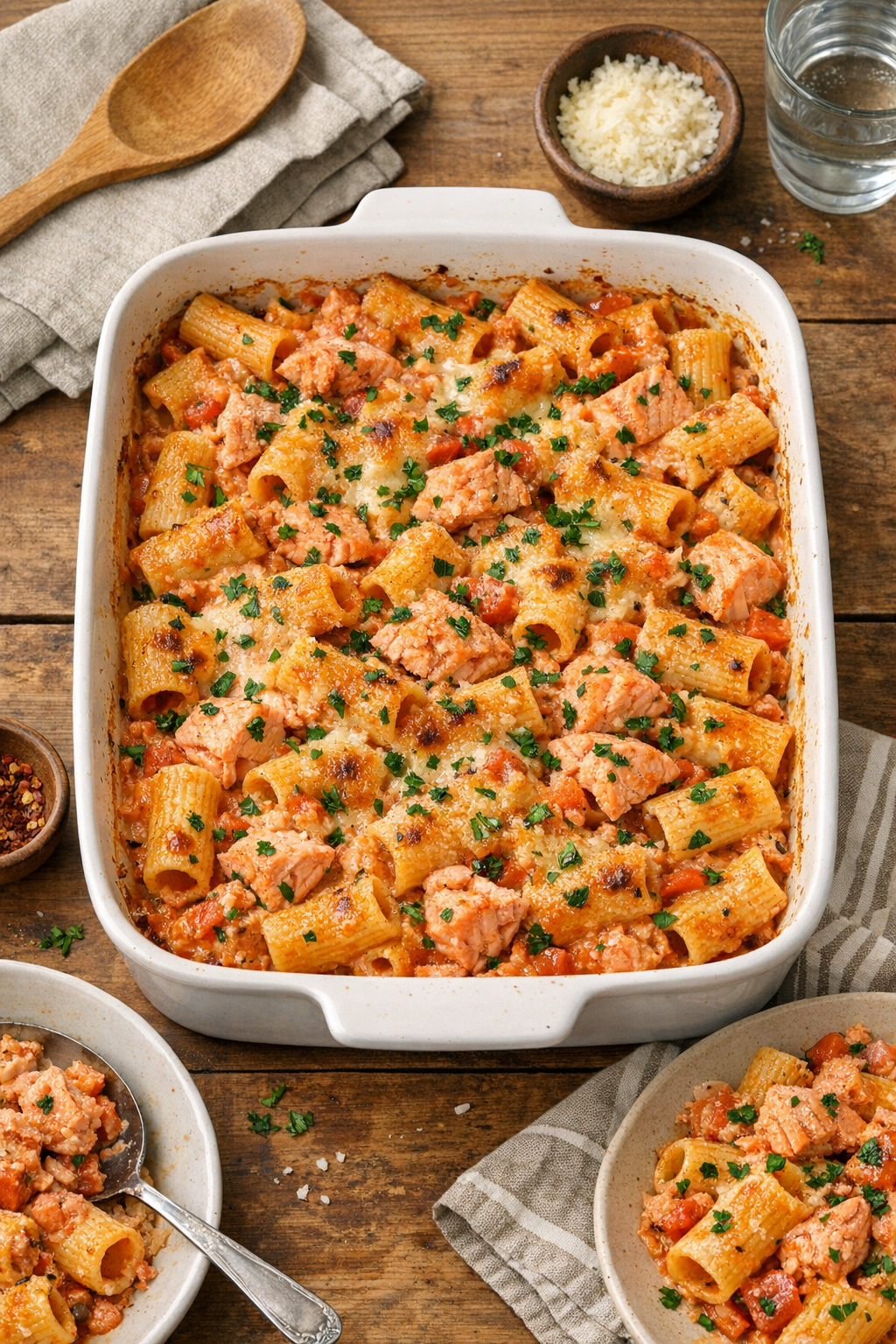 Finished baked salmon rigatoni in a casserole dish