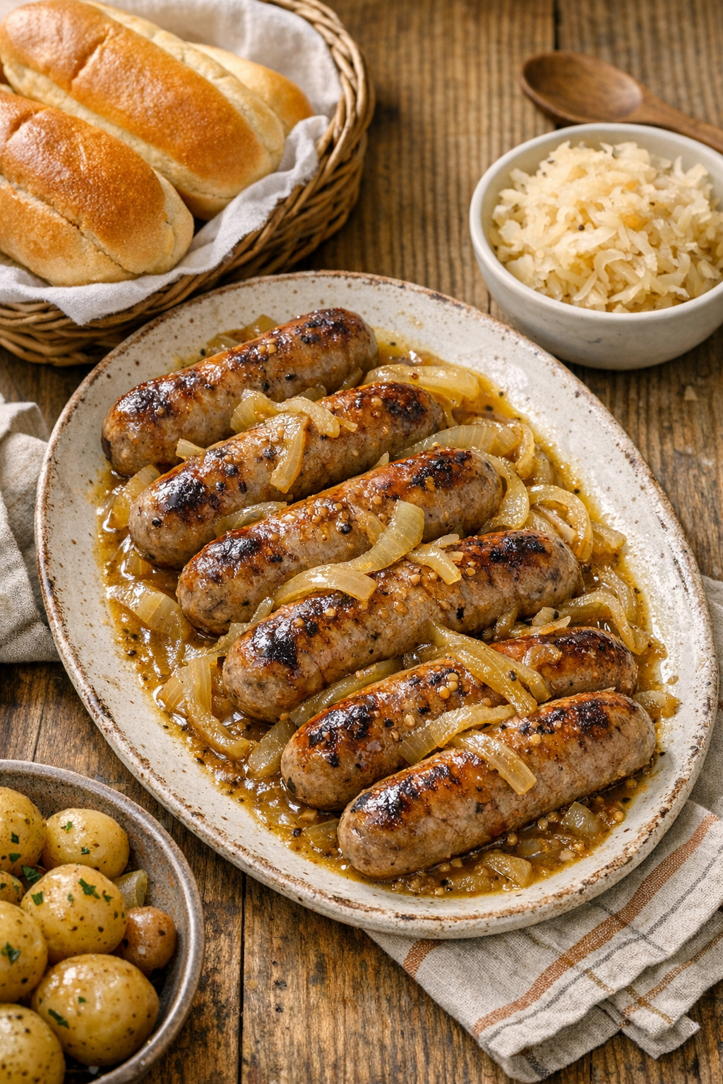 Finished slow cooker pork bratwursts on a platter