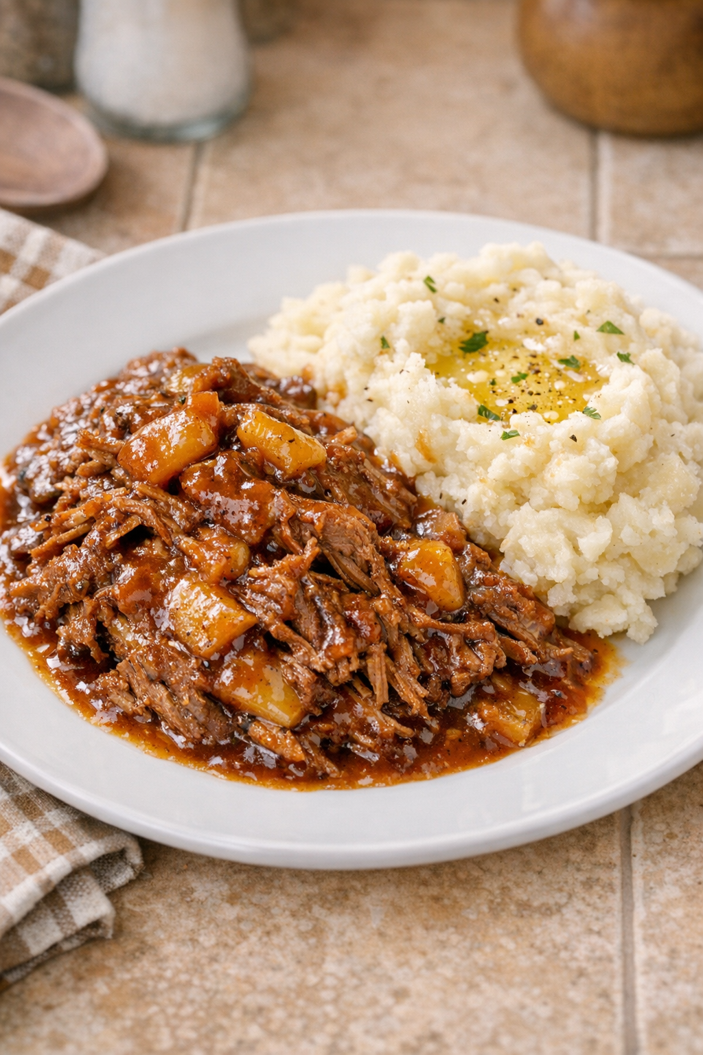 Finished apple barbecue beef plated with sauce