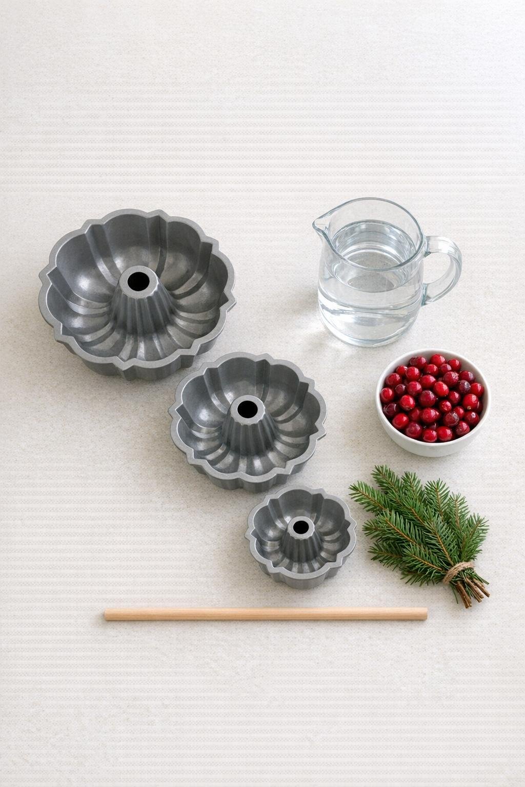 Materials for making frozen bundt pan ice rings laid out on a counter