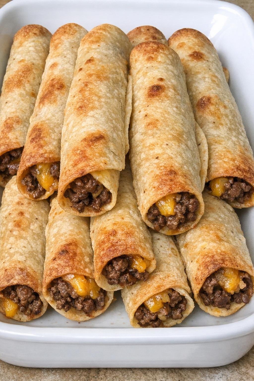 Crispy baked beef taquitos on a white platter
