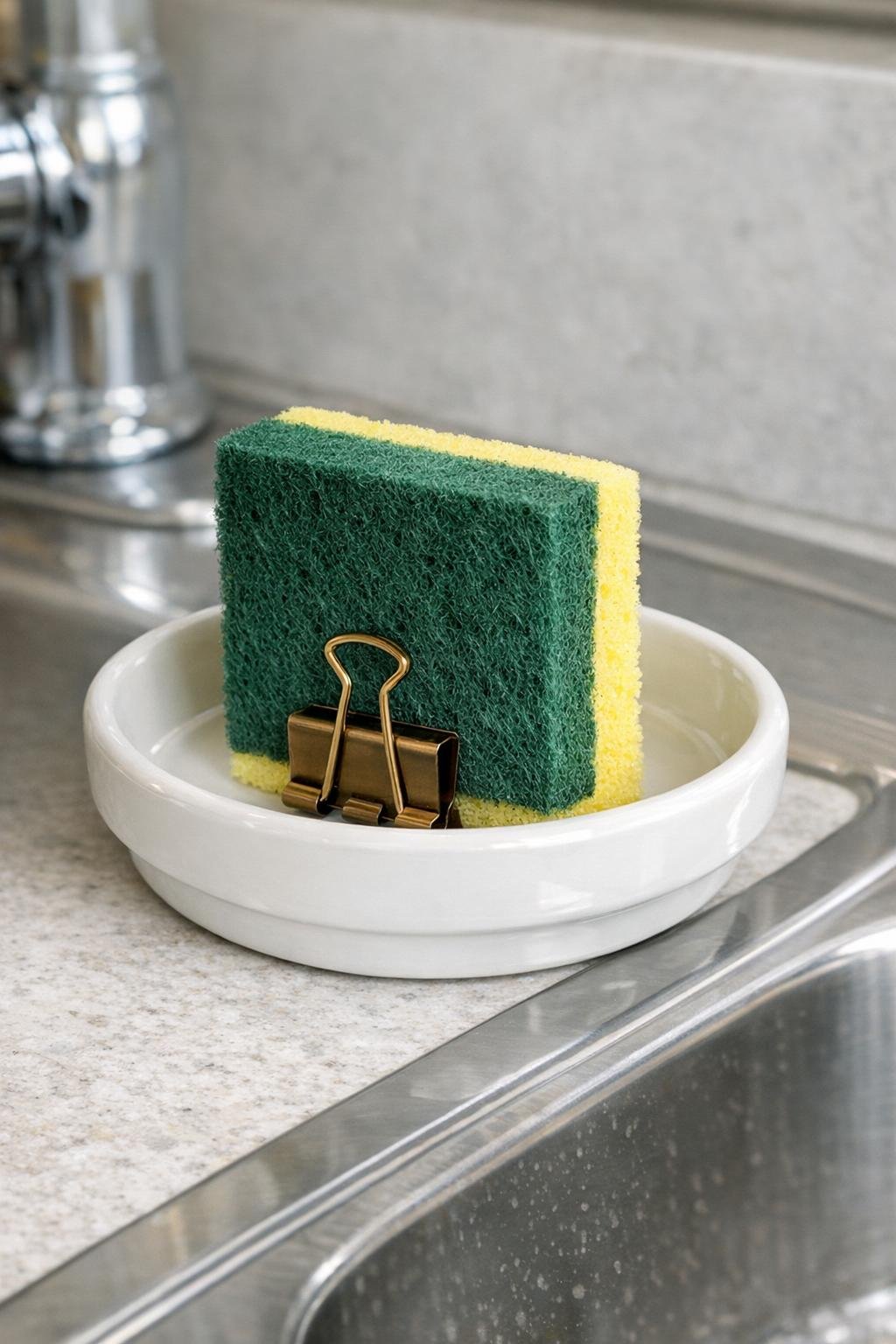 Finished ceramic saucer sponge holder beside a kitchen sink
