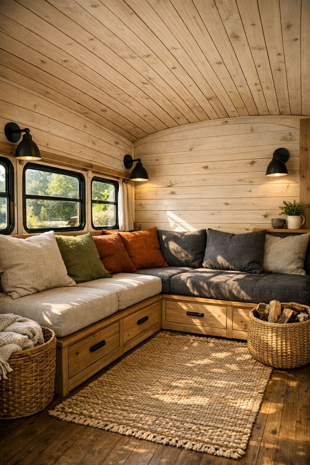 Cozy bus living room with built-in bench seating, pale wood walls, and soft linen cushions