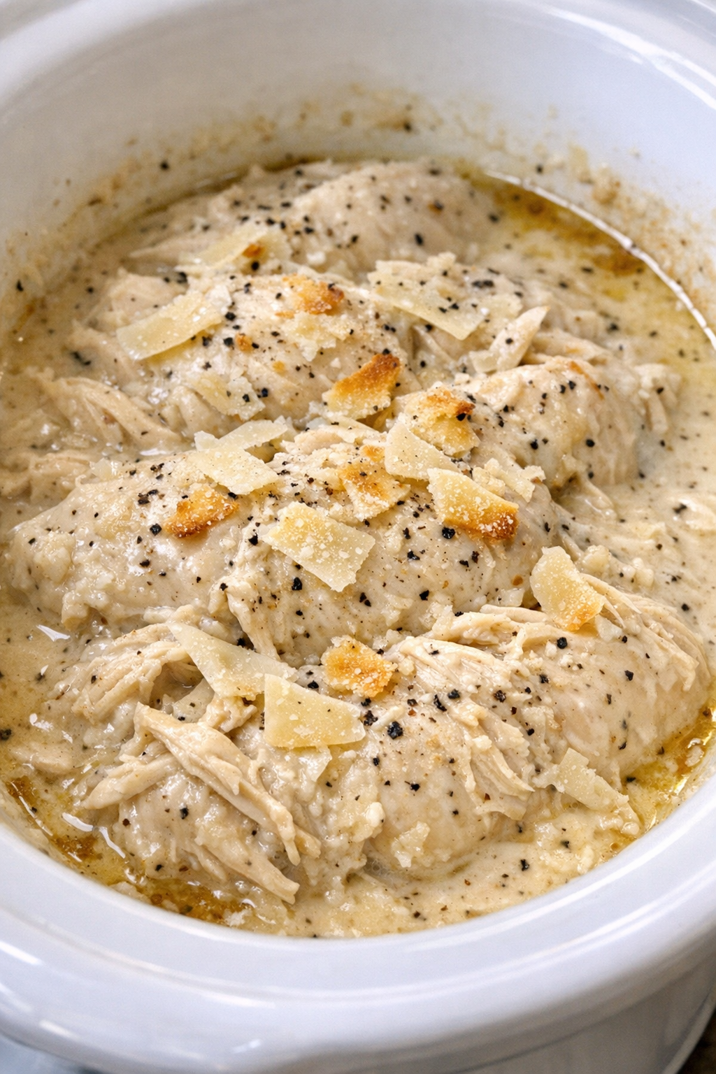 Finished creamy Caesar chicken in a white slow cooker