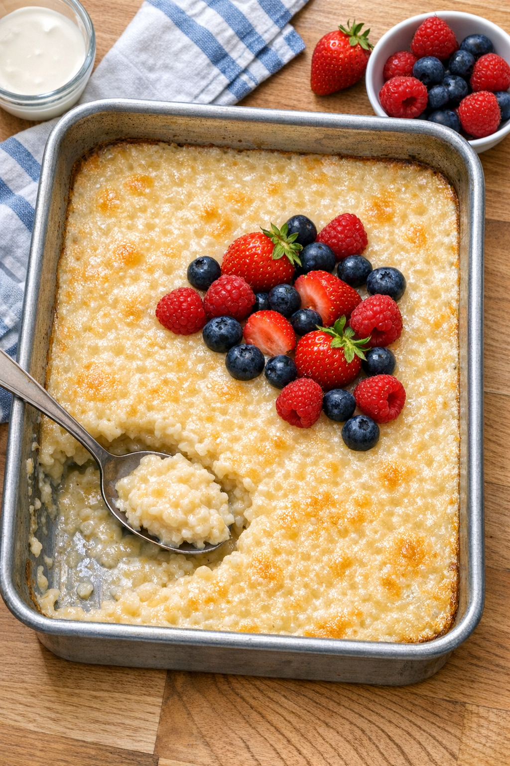Finished baked tapioca dessert in a roasting pan