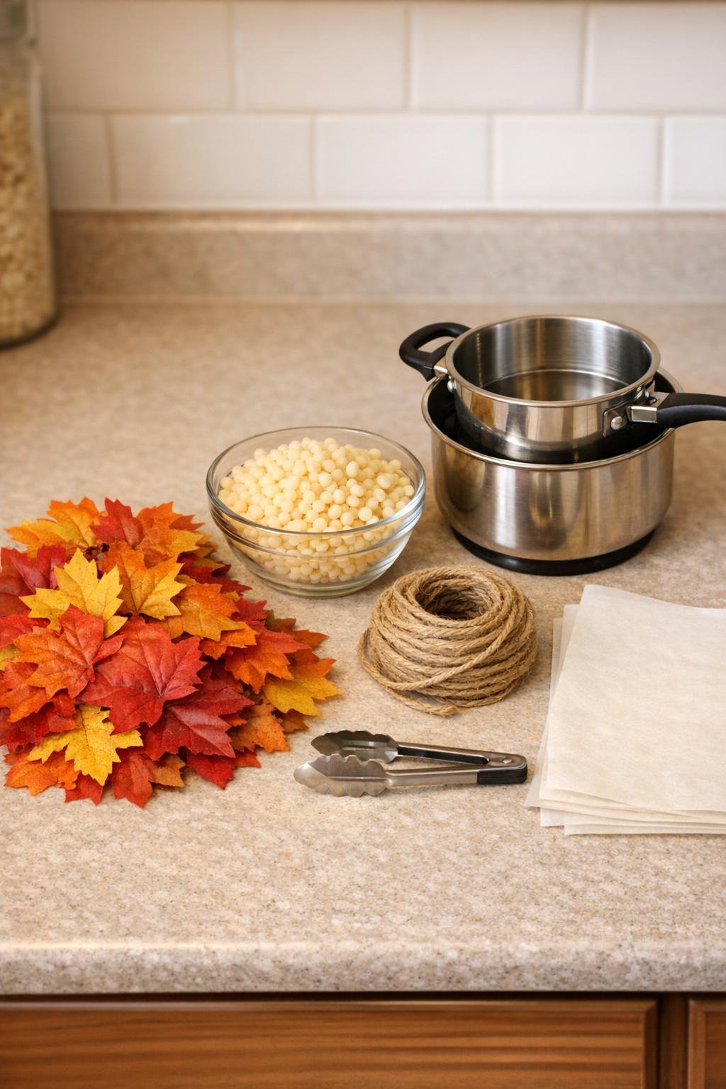 Materials for making a preserved wax leaf garland laid out neatly