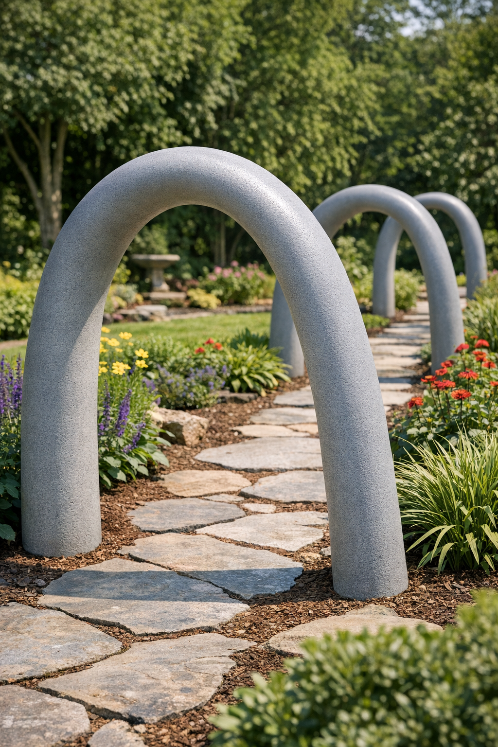 Three finished heavy curved yard arches made from pool noodles and cement in a garden