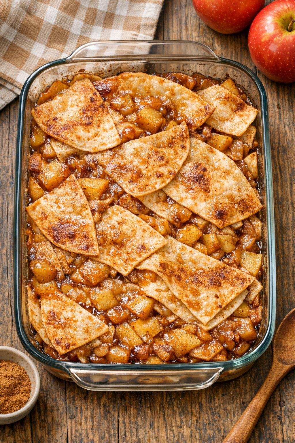 Finished tortilla apple bake in a casserole dish