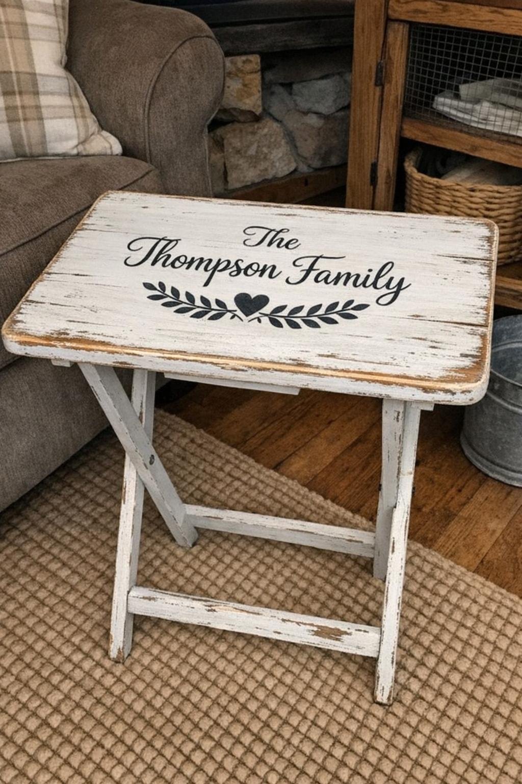 Distressed farmhouse-style TV tray table