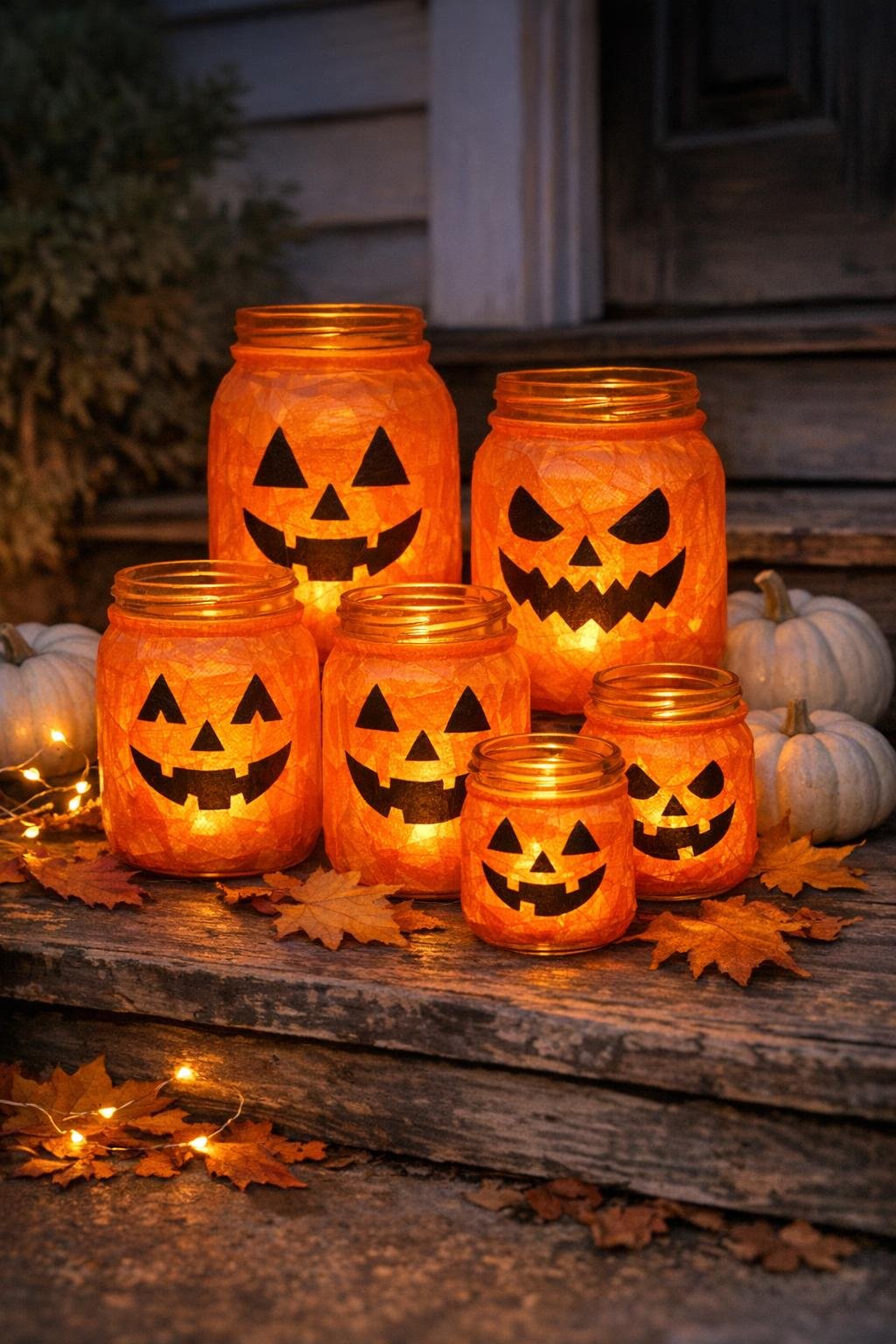 Glowing jack-o-lantern jars displayed together for Halloween
