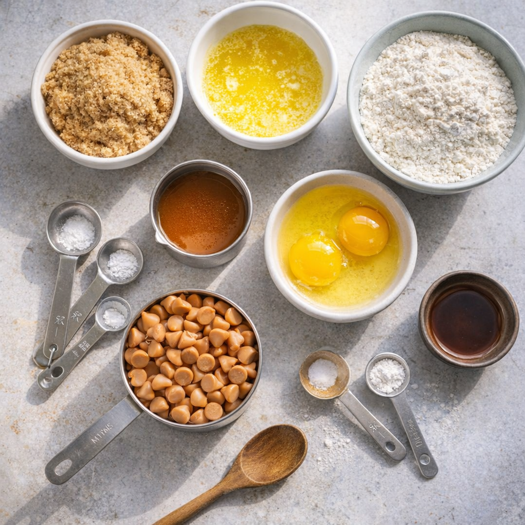 Measured ingredients for butterscotch bars on a countertop