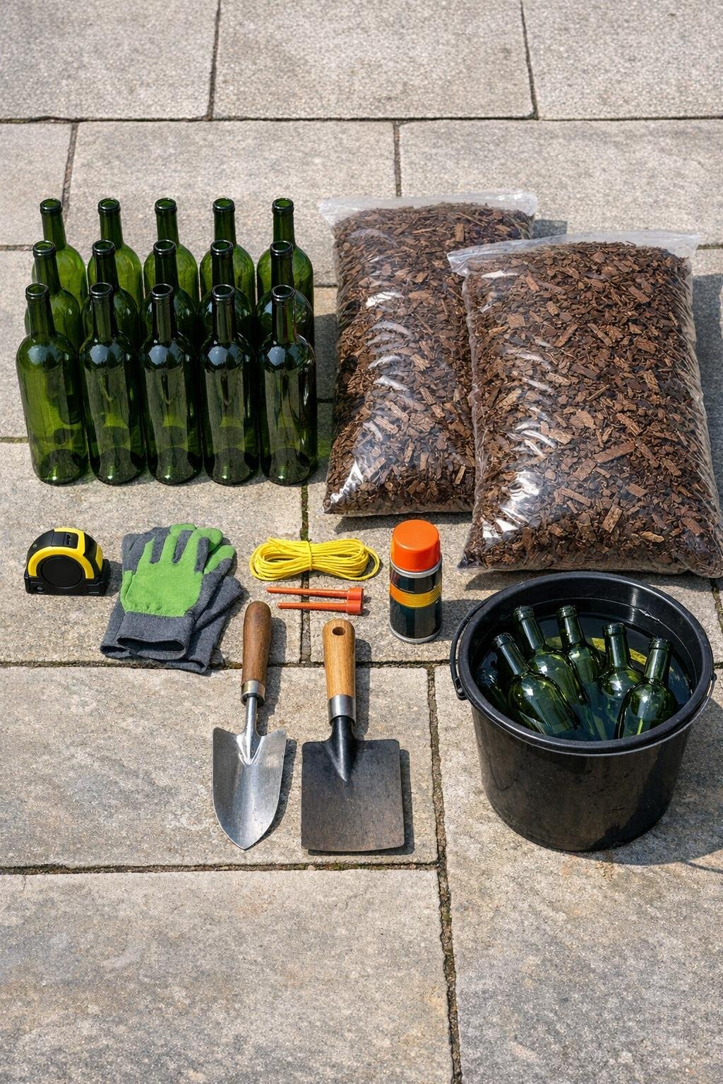 Green wine bottles, mulch, and garden tools laid out for the project