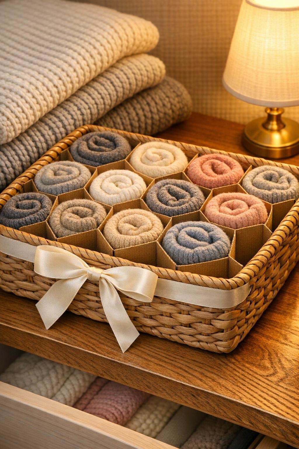 Finished sock organizer in a shallow woven basket