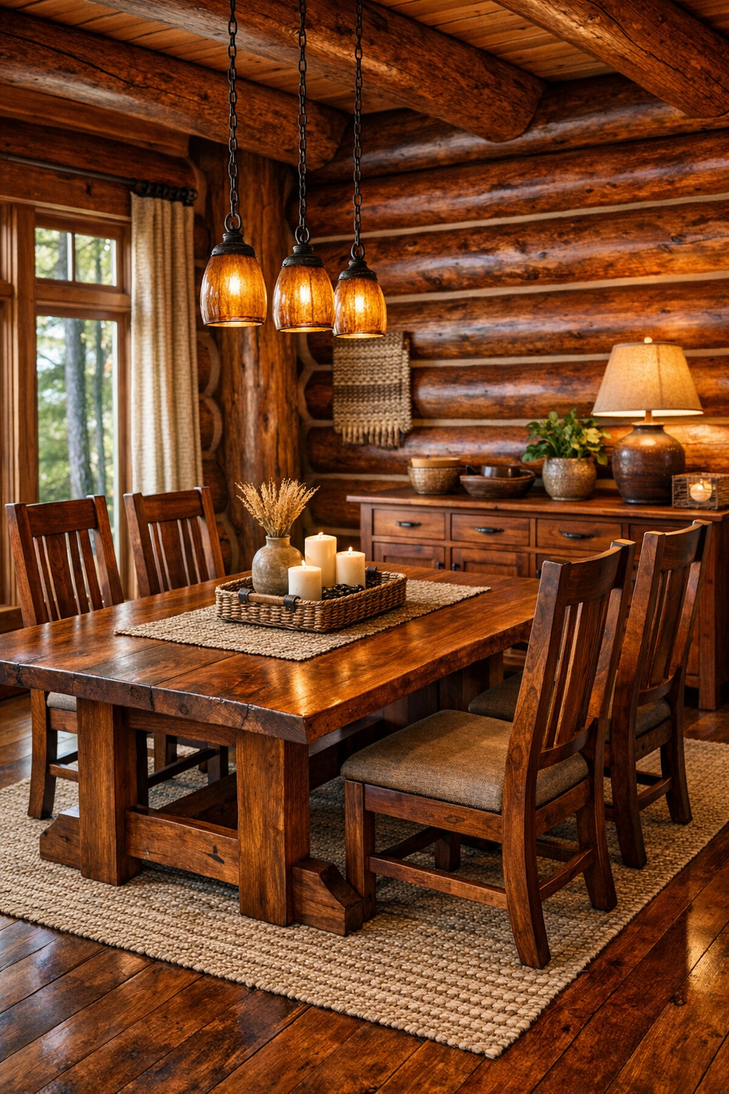 Handcrafted wood dining room with a solid table, warm lighting, and Amish-inspired details