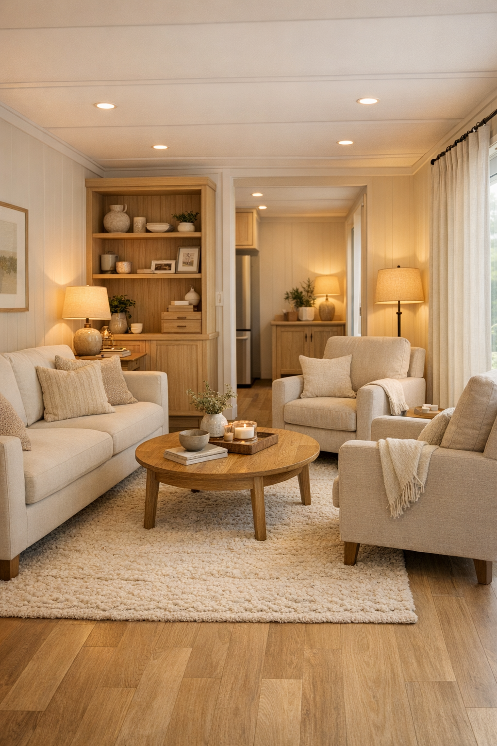 Warm ivory living room with soft seating and pale oak built-ins