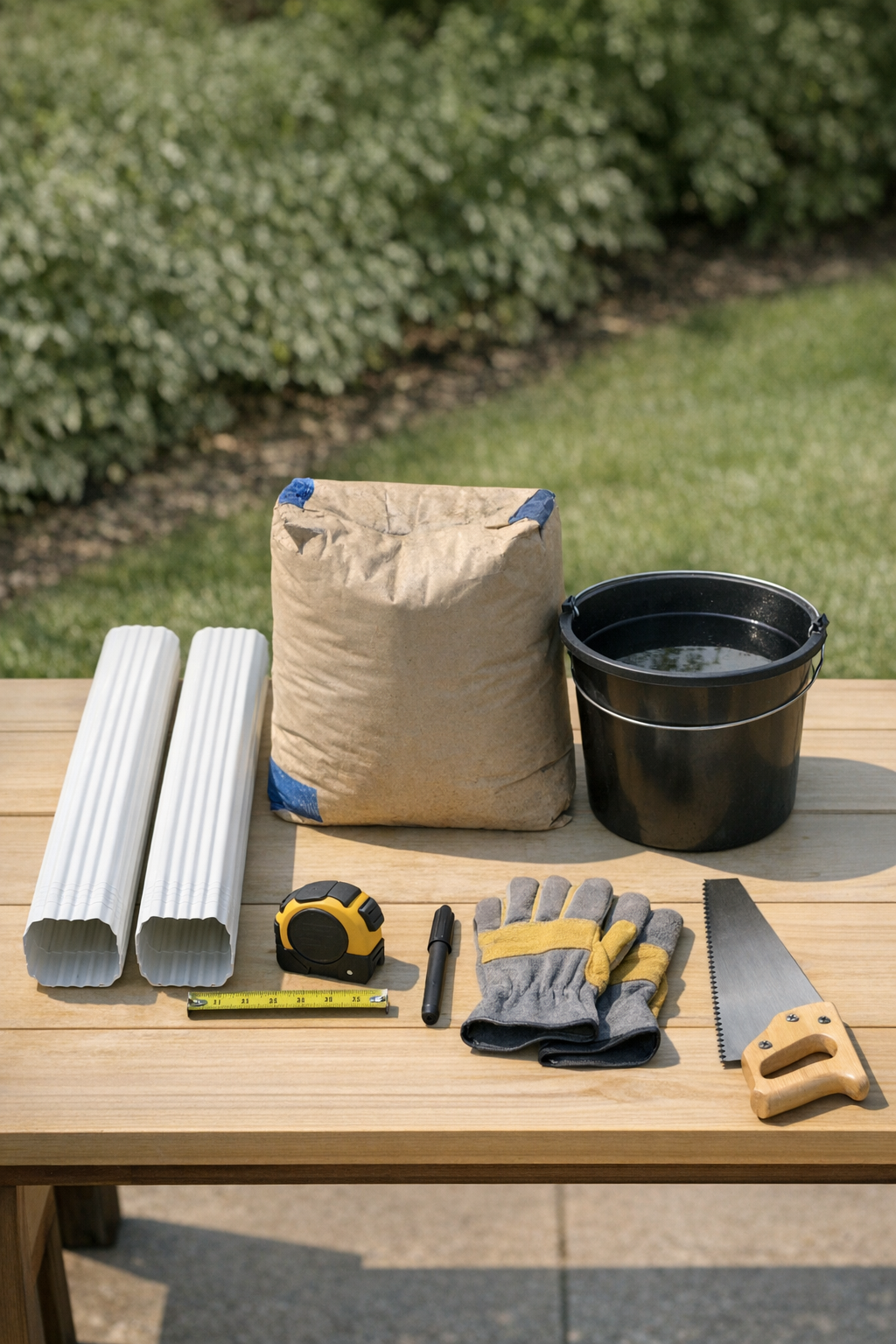 Plastic gutter downspouts, cement, and a cutting tool laid out on a work surface