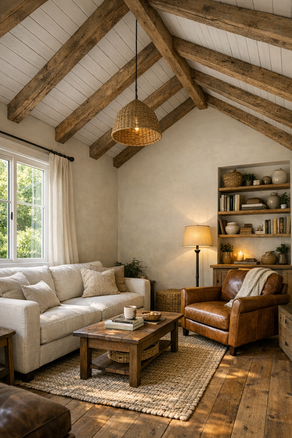 Living room with exposed beams, creamy walls, wood floors, and soft farmhouse furnishings