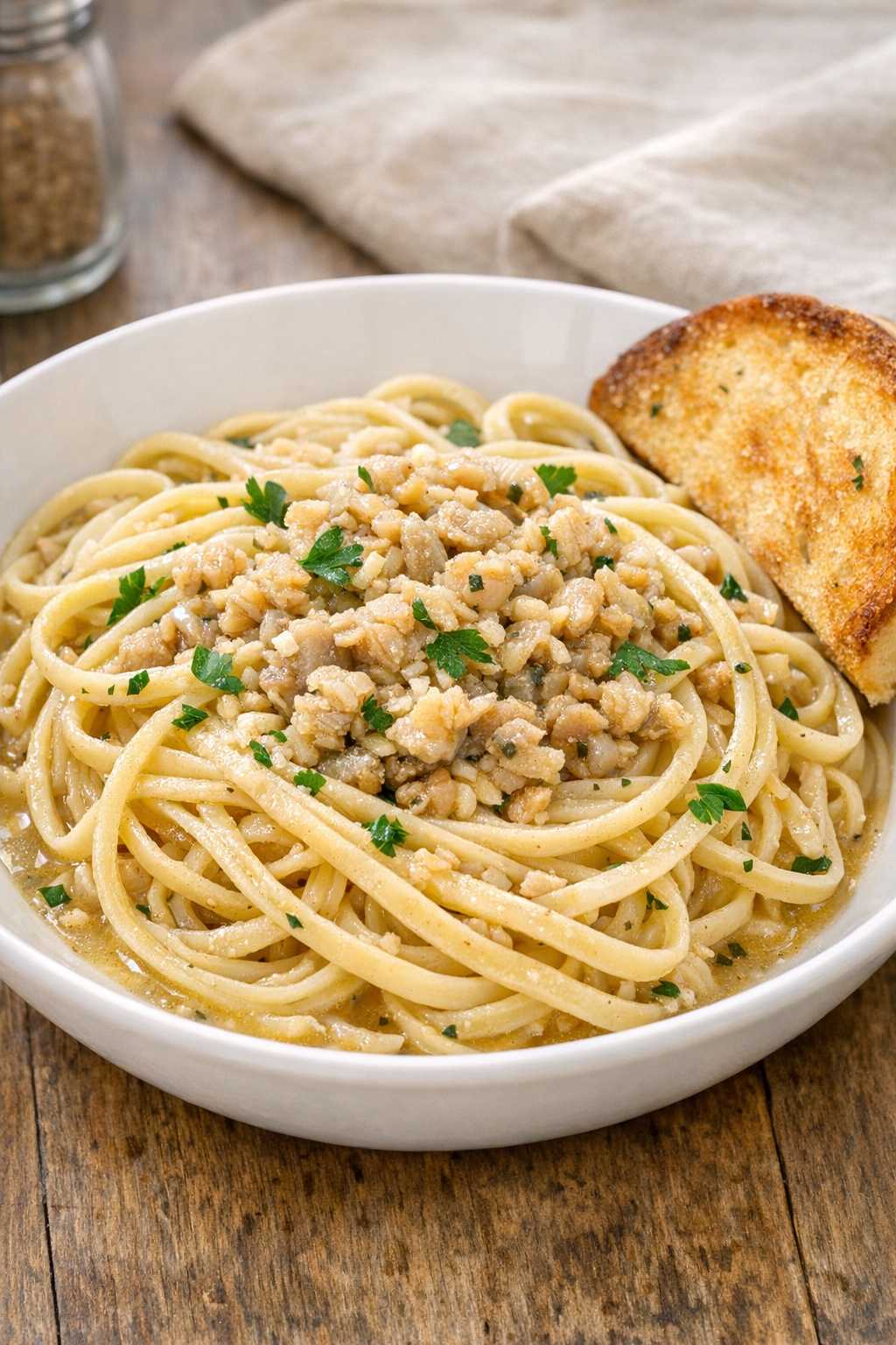Plated minced clam pasta