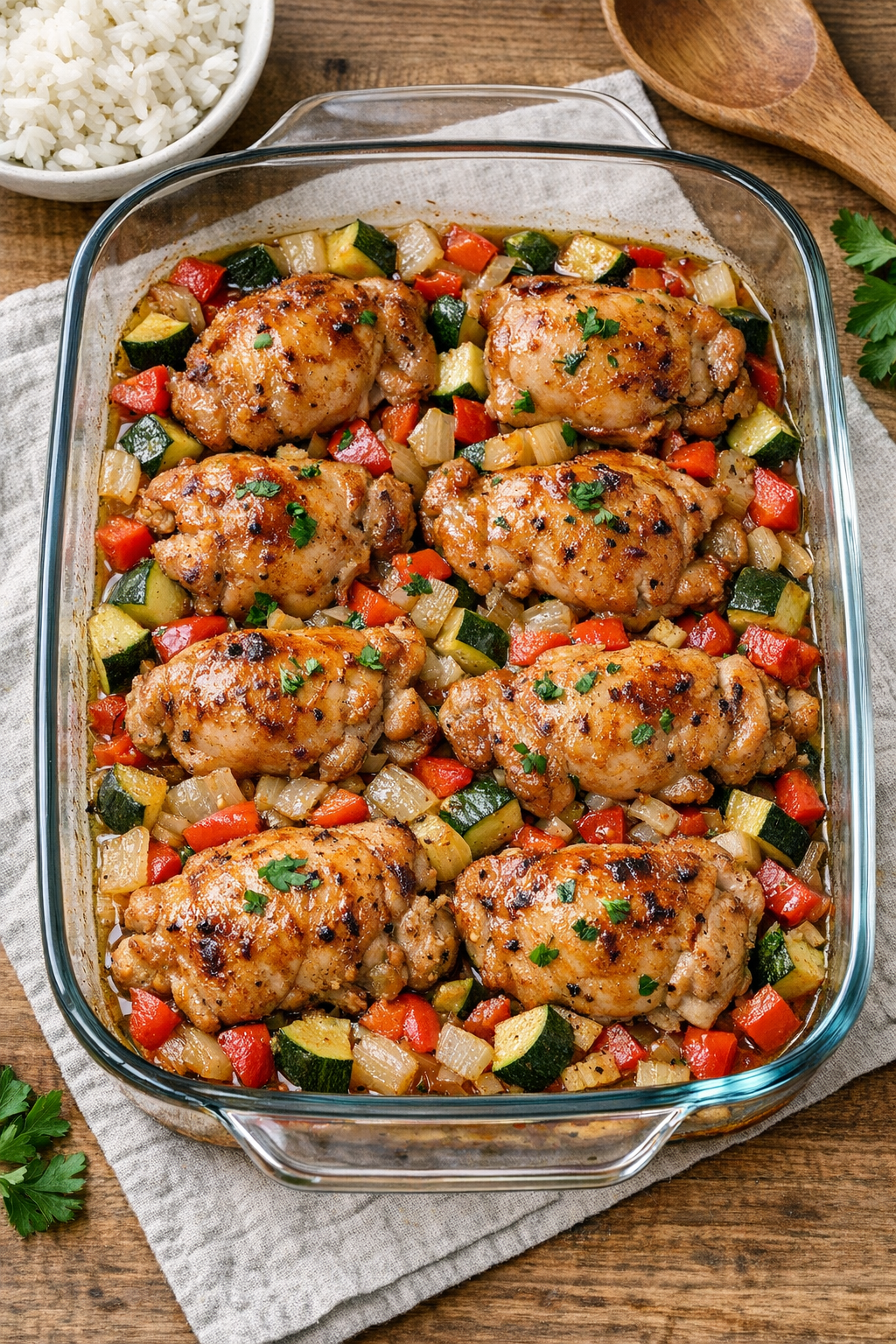 Baked chicken thighs in a glass casserole dish