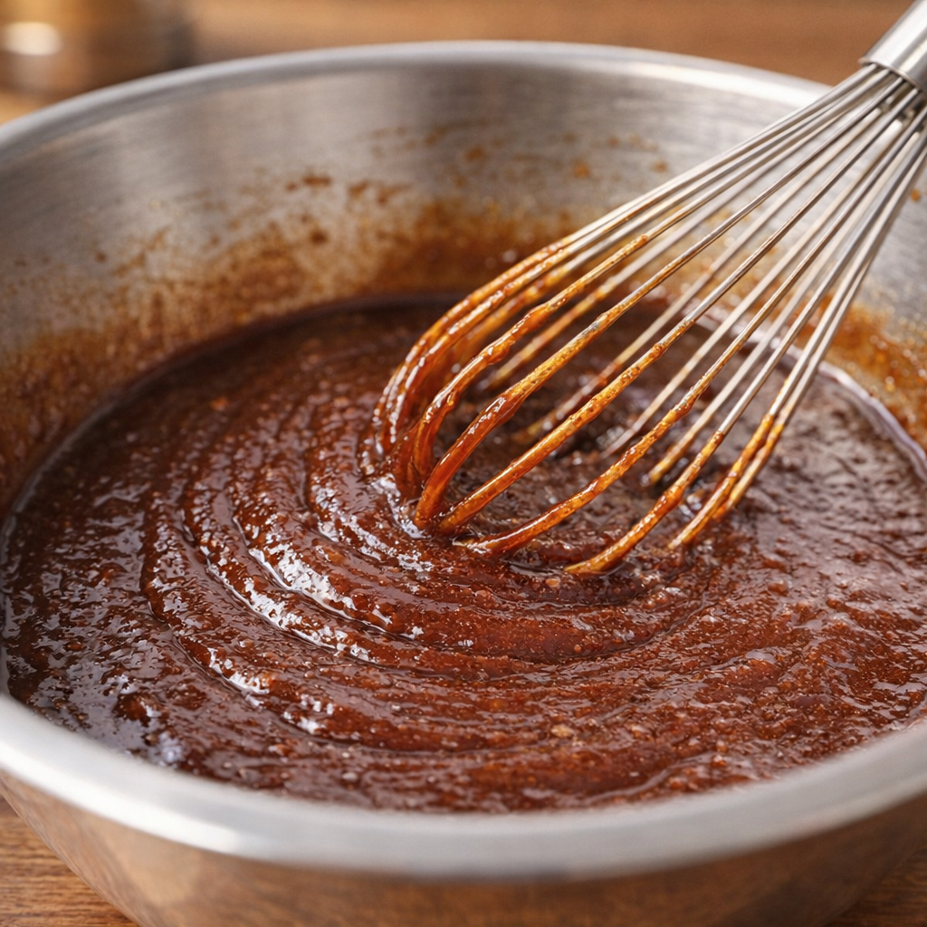 Apple butter and soy sauce being whisked into a glossy sauce