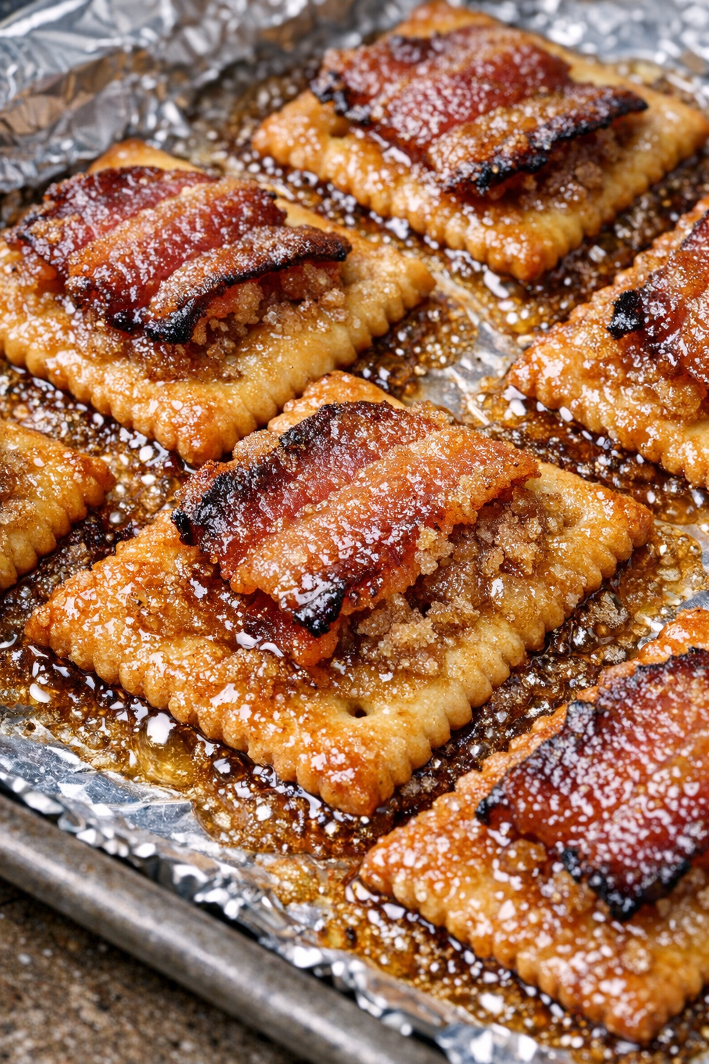 Southern 3-ingredient bacon crackers on a foil-lined baking tray