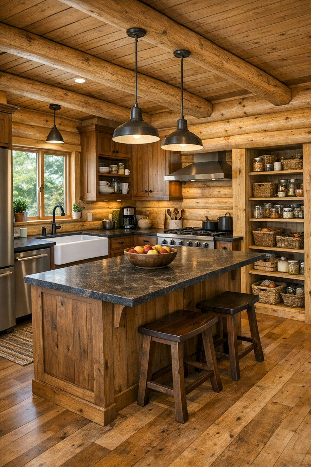 Handcrafted log home kitchen with wood cabinetry, farmhouse sink, and central island