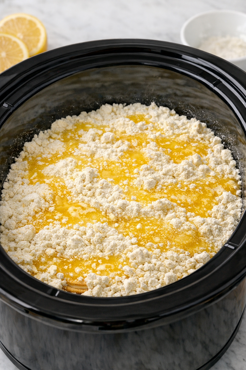 Cake mix and butter added to slow cooker dessert