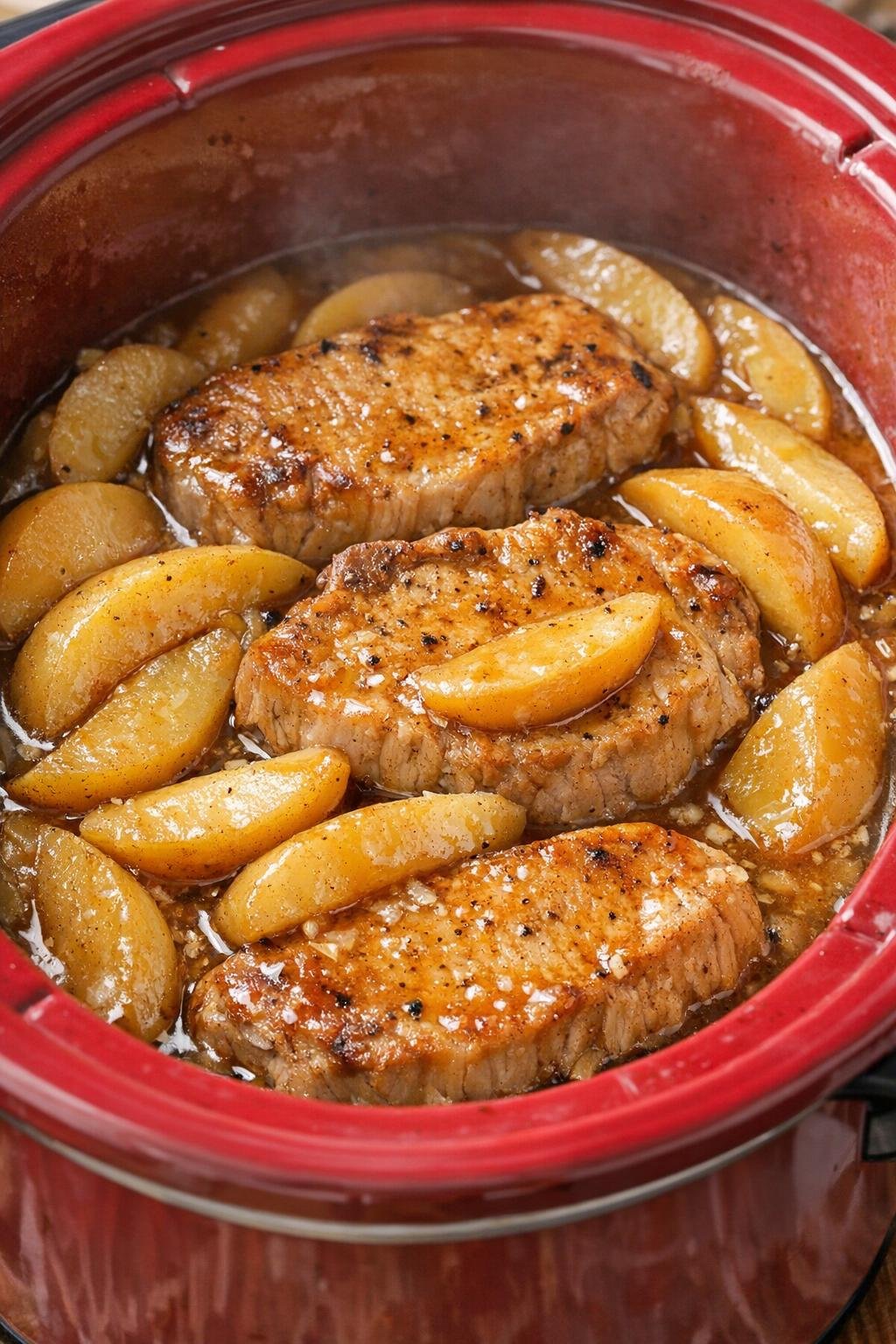 Apple cider pork chops cooked with sliced apples