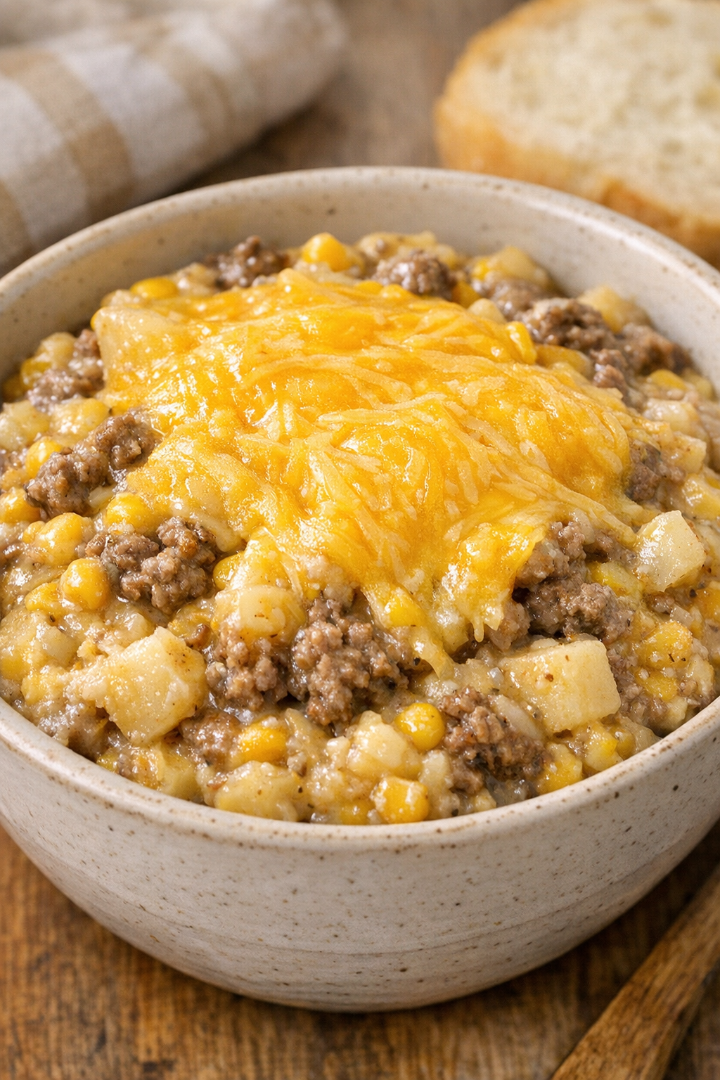 Corn mash topped with melted cheddar cheese