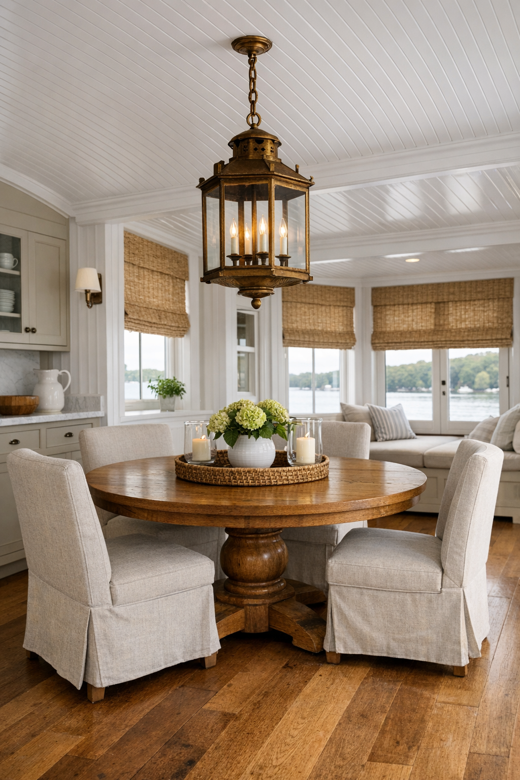 Airy dining room with a round oak table, upholstered chairs, and brass lantern chandelier