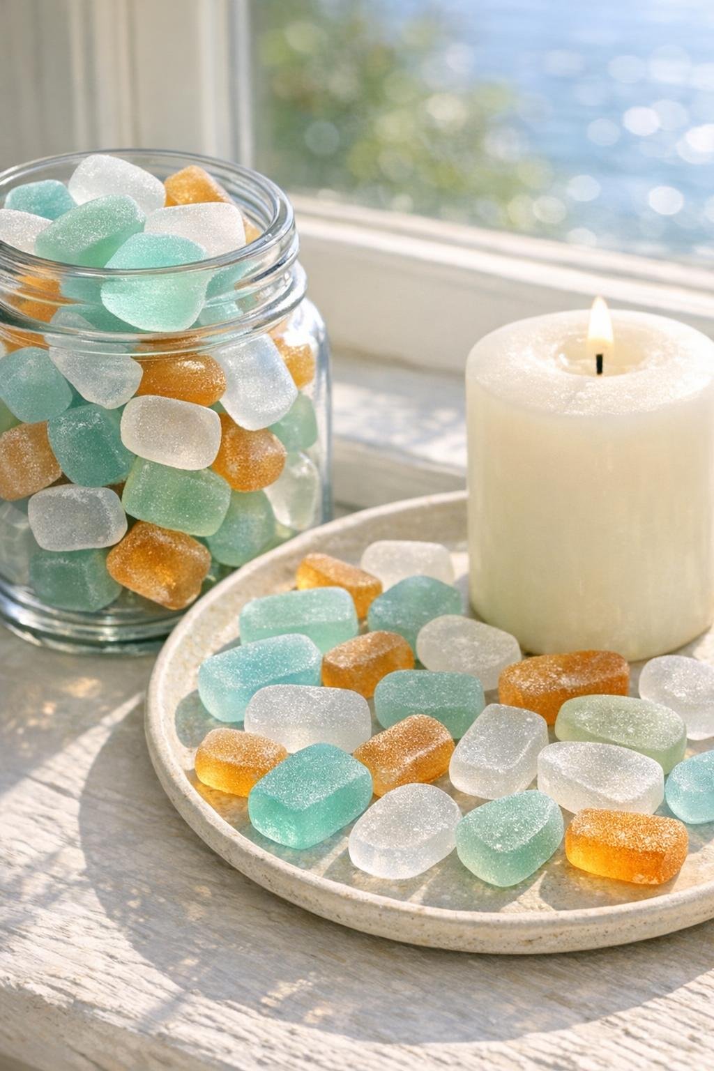 Finished faux sea glass gems in frosted aqua, seafoam, amber, and clear tones