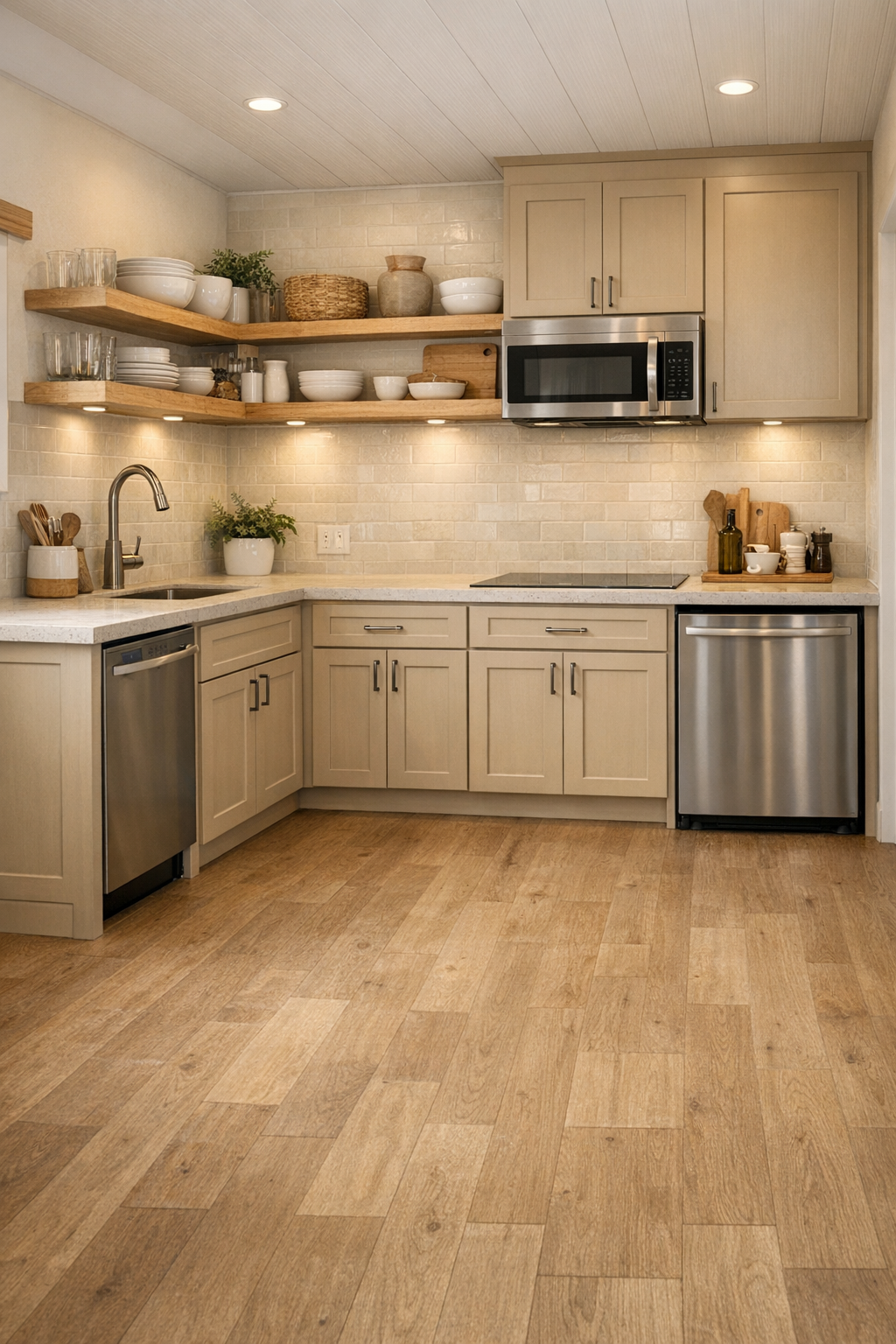 Accessible tiny home kitchen with soft wheat cabinetry and pale stone counters