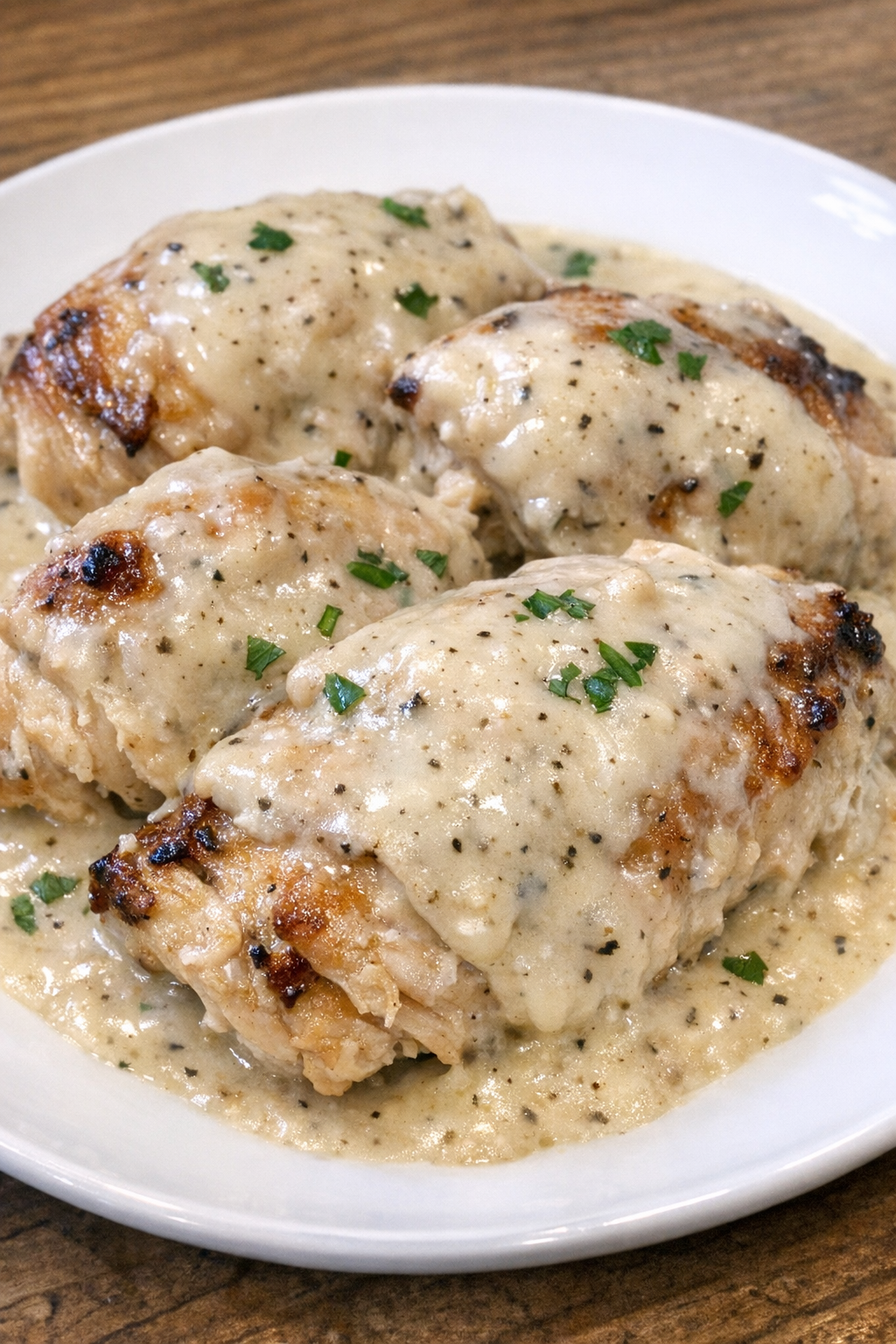 Slow cooker Amish buttermilk chicken on a white plate