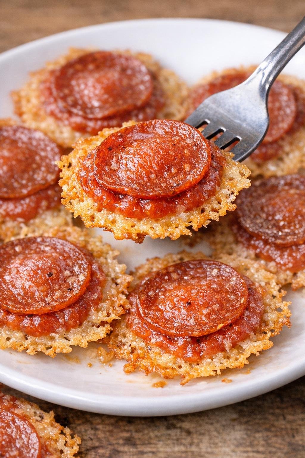 Low carb pepperoni Carmichael crisps on a white plate